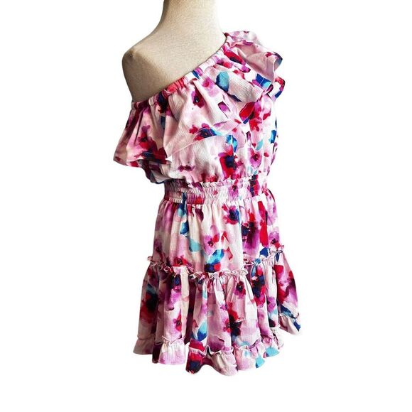 Buddy Love Sophia One Shoulder Dress Pink Floral Size Medium Mini Ruffle Tiered - Picture 6 of 9